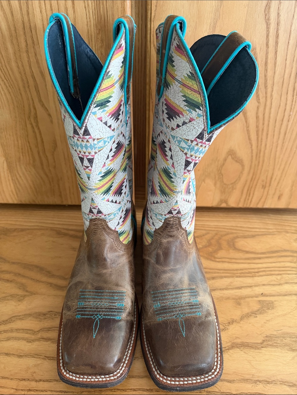 Women's Brown Leather & Multicolor Embroidered Western Boots - Turquoise Accent